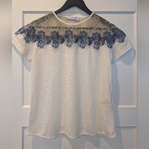 Sandro Cream and Blue Lace Short Sleeve Top